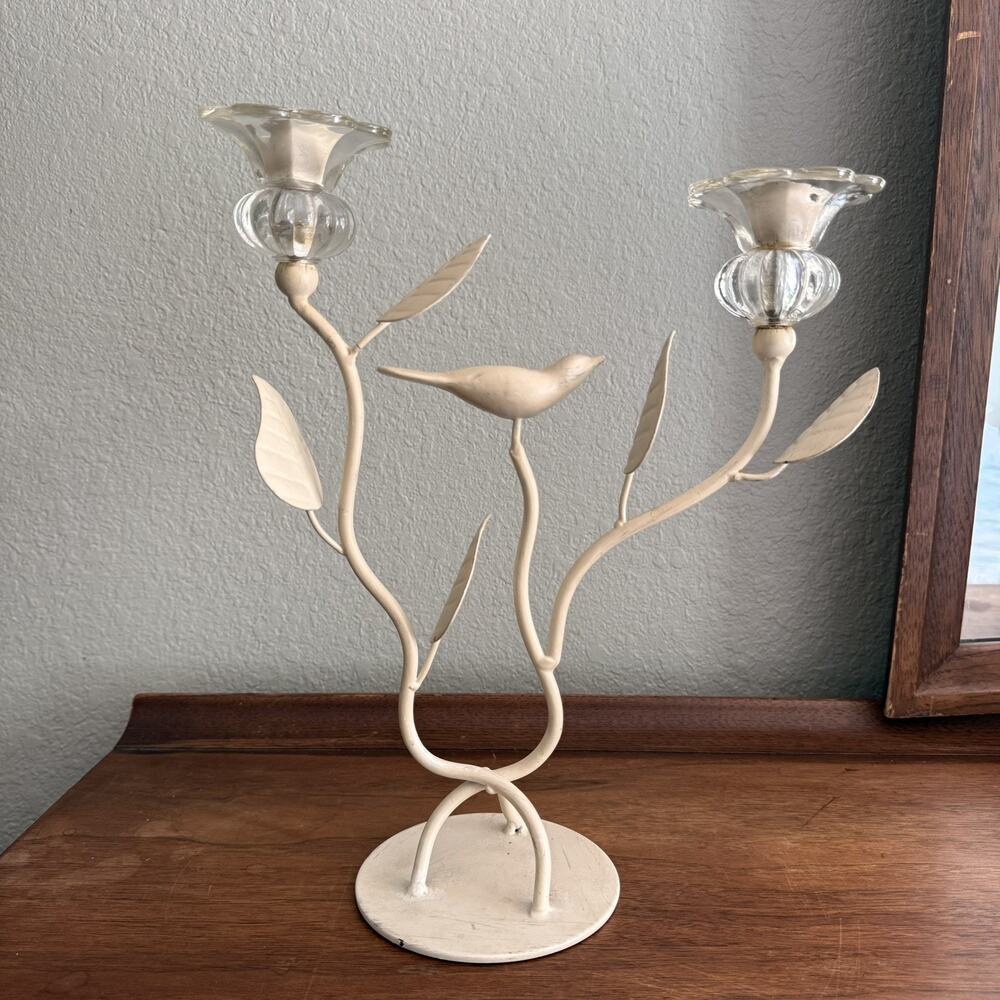 Vintage Toleware White Metal & Glass Birds & Leaves 2 Candlestick Holder 13 in